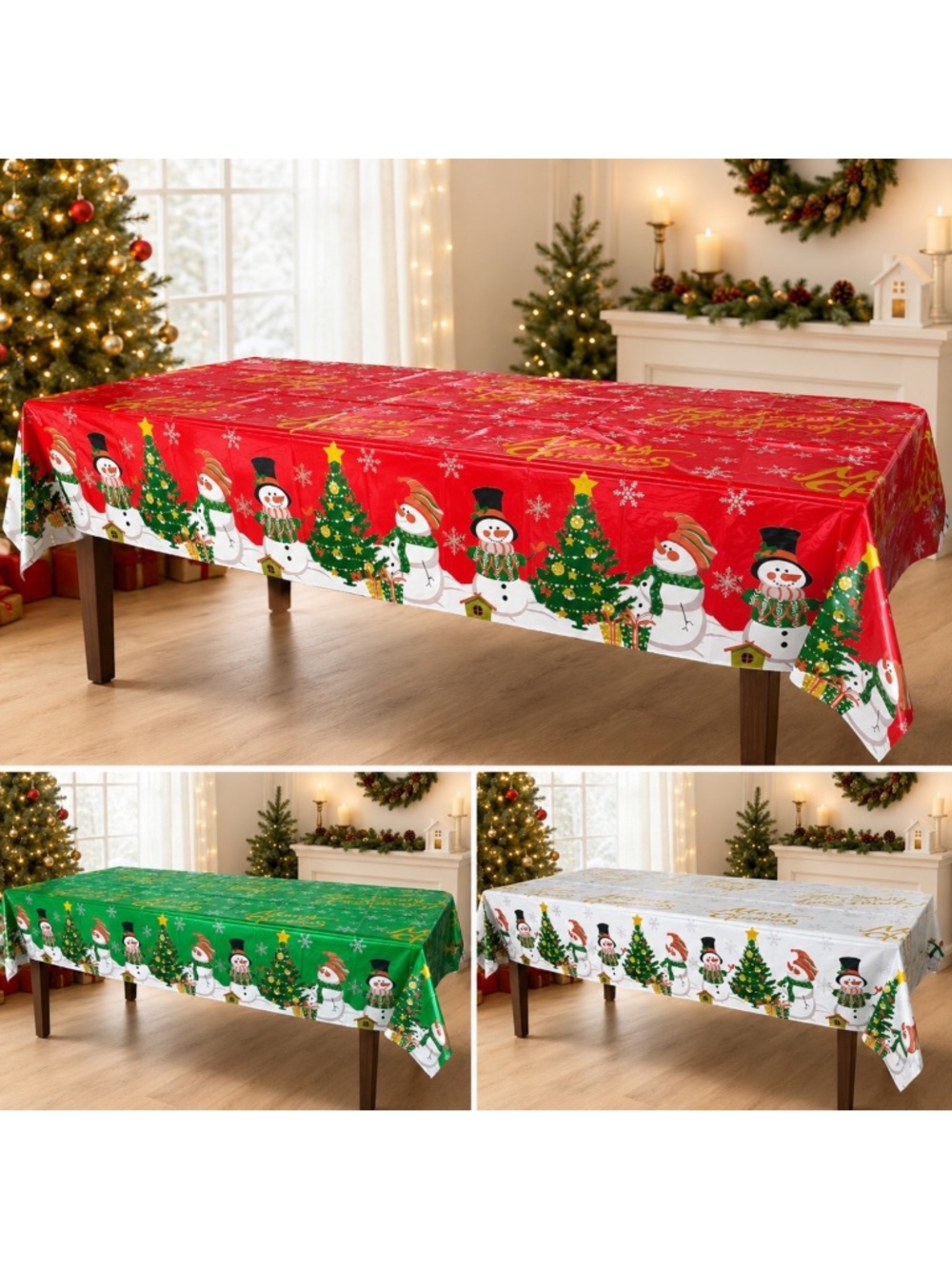 Christmas Tablecloth Snowman Tree Party Cover Buffet Decor Plastic 108x54in New
